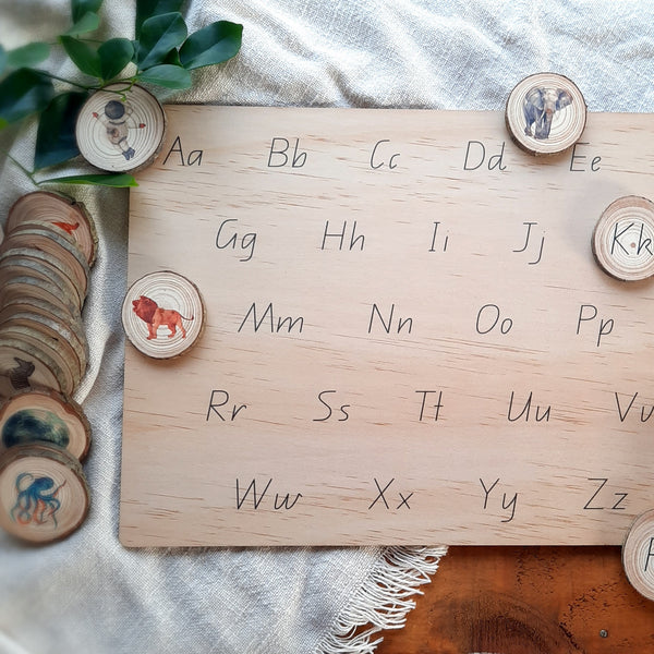 alphabet hunt - board & tree slice alphabet set