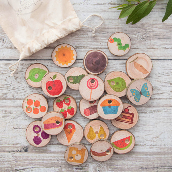 hungry caterpillar threading tree slices - story tellers